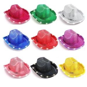 LED LED LEMOINE COWBOY HAT وميضًا أبيضًا أبيض لأعلى قبعات رعاة البقر ذات الليل اللامع مع سلك مقاوم للرياح قابل للتعديل لإكسسوارات حفلات الهالوين 1220