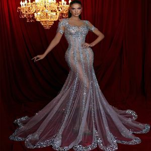 2024 Aso Ebi Mermaid See Through Prom Dress Beaded Crystals Evening Formal Party Second Reception Birthday Engagement Gowns Dresses Robe De Soiree ZJ373