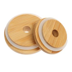 70mm/2.75inch 86mm/3.39inch Bamboo Lids Cap Reusable Mason Jar Lids Straw Hole Silicone Seal Glass Bottle Covers HW0144