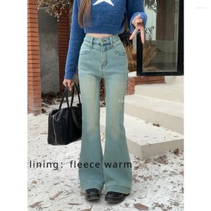 Damen Jeans Winter Warme Fleece Ausgestellte Hose Elegante Dünne Lange Hosen Frauen Y2k Kleidung Gebürstet Mit Tasche Dicke Stretch 2023