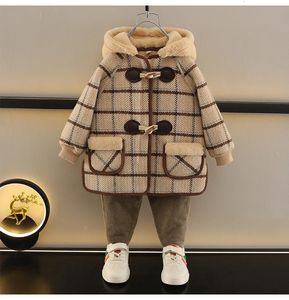 2023 Boys and Girls Winter Fleece Plaid Hooded Jacket Thick Earm Baby Kids Children Coat Outerwear Fashion Warm 231220