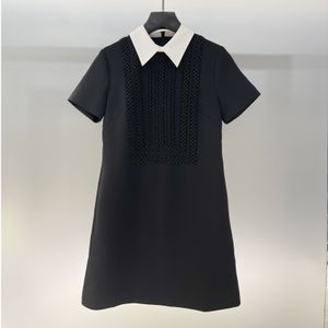 Womens Dress European Fashion brand Black white lapel short sleeved gathered waist studded embellishment mini dress