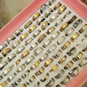 Cluster Rings Wholesale Lot 50 Pcs/Box Stainless Steel Jewelry Ring Random Design Gold Color For Men's Women's Punk Finger Brand