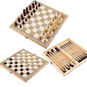 Jogos Jogos de xadrez 3 em 1 quadro de xadrez de madeira dobrável Conjunto de jogos de viagens Backgammon Cheques de brinquedos de entretenimento