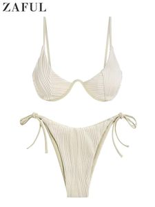 Jeans Zaful Mulheres com nervuras Tie Side Bikini Swimwear Underwire Push Up Sólido Cintura Baixa Duas Peças Monowire Maiô Beachwear Banho