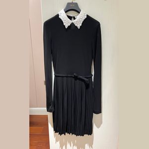 Womens Dress European Fashion brand Black lace patchwork long sleeved gathered waist pleated mini dress