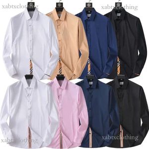 Designer Luxury Men's Dress Burrberry Shirts Solid Long Sleeve Stretch Wrinkle-Formal Shirt Business Button Down Collar Shirts For Mens