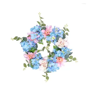 Decorative Flowers Spring 2024 Blue Pink Embroidered Flower Wreath Front Door Wall Hanging Ornament