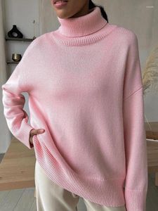 Kvinnors tröjor Turtleneck Autumn Winter Fashion Women 2023 Knitwear Blue Green Sweater Loose Solid Overized Female Pulovers