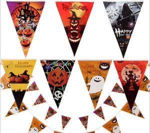 Horror Halloween decorazione carta triangolo bandiera stendardo banner carnevale ghirlanda teschio pipistrello fantasma ragno spaventoso clubing bar negozio decorazioni per feste ZZ