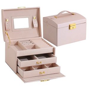 Caixas de jóias Caixa de armazenamento de jóias de moda Bloqueio portátil de grande capacidade com espelho Jewelry Storage Brincos Brincos de colar de jóias 231219