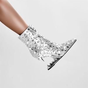 2023 European and American Light Luxury Water Diamond Shaped Tiger Teeth High Heel Boot s Sexy Side Zipper Short 231220