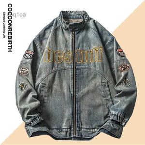 Kurtki męskie amerykańska kurtka retro dżinsowa mężczyźni wiosna luźna litera haft motocyklowy Unisex Street Varsity Casual Baseball Emweearl231026