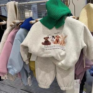 Korea Plush Childrens Set Sweet Cartoonkids Winter Casual Sports Set for Boys Girls Sweaters Pants 2st 231220