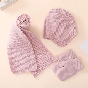 Berets 4 pcs inverno crianças tricô bonito cor sólida crianças manter quente rótulo de couro chapéu cachecol luva conjunto luvas gorros