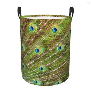 Laundry Bags Folding Basket Peacock Green And Blue Plumage Round Storage Bin Large Hamper Collapsible Clothes Toy Bucket Organizer