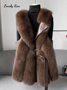 Women Jacket Faux Fur With Blet Sleeveless Pocket V neck Elegant Female Coat 2023 Autumn Winter Fashion Thicken Lady Streetwear 231220