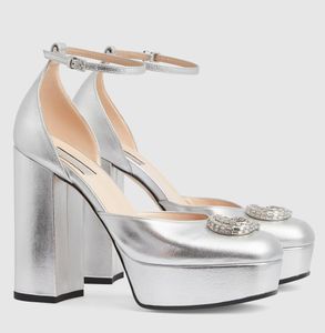 2024 Elegant Bridal Wedding Sandals Shoes Women Heel Crystal-set Gouble-G Platform Pump Patent Leather Lady Round Toe Platform Pumps Lady High Heels EU35-42