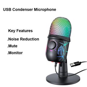 USB Kondenser Oyun Mikrofonu RGB Işık Podcast Self Media LED Mic Mic Gürültü İptal Mikrofonları