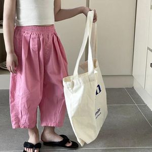 Trousers Girl's Summer Japanese Casual Loose Ankle-Length Pants Children Elastic Waist Solid Color Wide Leg