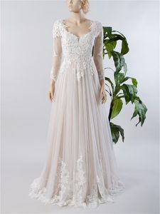 Винтажное кружевное платье невесты трапециевидной формы с иллюзией и длинными рукавами, свадебные платья цвета шампанского на подкладке для женщин с застежкой на пуговицы, халат De Mariee, свадебное платье