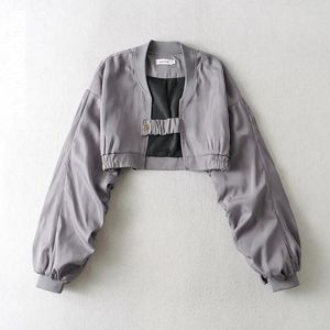 Women's Jackets Short Cropped Bomber Women Solid Black Gray Korea Vintage Folded Sleeve Tops Female Spring Autumn Outwear 2023