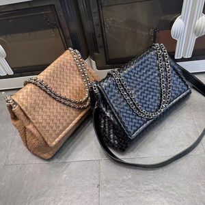 Stylish Leather Hand Woven Chain Shoulder Cowhide Strap Crossbody Bag 30*12*22