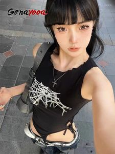 Serbatoi da donna Genayooa Retro Punk Canotte Donna Senza maniche Lace Up Crop Y2k Stampa Fasciatura Estate E Ragazze Nero Camis Tee