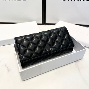 Women Designer Long Bifold Wallet Bag Black Enameled Metal Hardware Lambskin Leather Diamond Lattice 19x10cm Silver Zipper Luxury Card Holder Purse Clutch Handbag