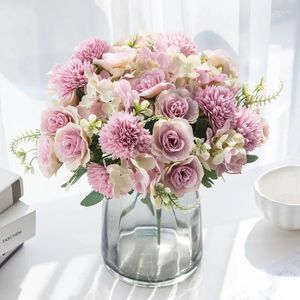 Decorative Flowers Hydrangea Rose Artificial Bouquet Wedding Home El Decoration Pink White Silk Flower Garden