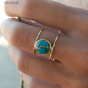 Solitaire Ring Vintage Natural Blue Turquoises Rings For Women Antique Silvercolor Titanium Double Layer Girl Finger Ring Jewelryl231220