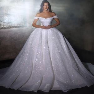 Atemberaubendes 2024 Luxuriöses, glänzendes Ballkleid-Brautkleid mit Schnürung, weißes, mit Perlen besetztes, schulterfreies, schulterfreies Prinzessin-Brautkleid in A-Linie