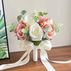 Bröllopsblommor Vit brud Bukett dammigt rosa Silk Rose Artificial Bridal Bridesmaid Holding Flower Mariage Accessories