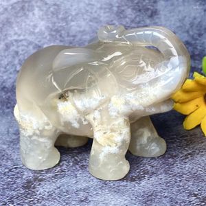 Estatuetas decorativas flor ágata elefante cristal natural quartzo escultura pedra real presente de natal queda decoração do quarto cura reiki mineral