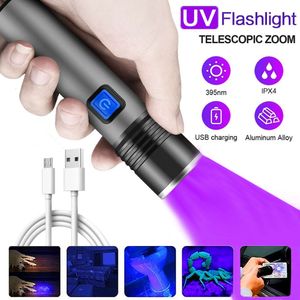 Nya bärbara lyktor uppladdningsbara LED UV -ficklampa Ultraviolet Torch Zoomable Mini 395nm UV Black Light Pet Urine Stains Detector Scorpion jakt