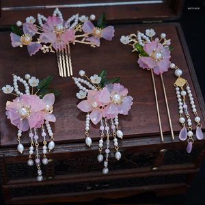 Hair Clips Pink Flower Jewelry For Women Girls Pearl Tassel Hairpins Side Fringe Floral Combs U Shaped Sticks