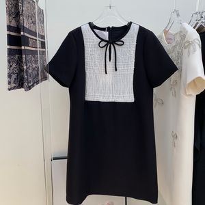 Vestido feminino de marca de moda europeia, gola redonda, cor preta e branca, patchwork, vestido de manga curta com contas