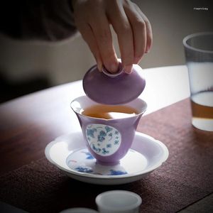 Teaware sätter ren handgjorda målade fönsterblommande tre täckskål keramiska kopp kinesiska enkla icke -tepanna