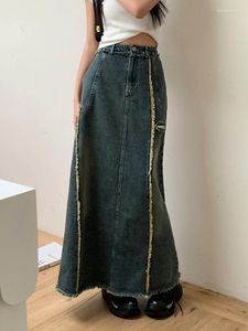 Kjolar vintage kvinnor elastisk midja tassel jean kjol retro koreansk mode back split denim hög rippad long saias mujer