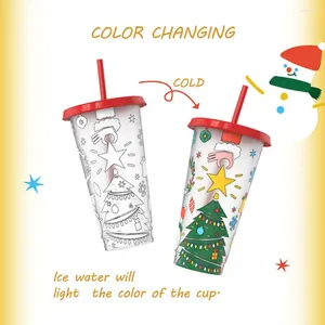 Tumblers 710 ML Christmas Theme Tumbler Cup Temperature-sensitive Color Changing With Lid And Straw Food-grade Portable For Coffee Drinks