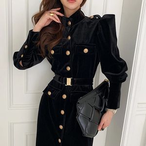 Basic Casual Dresses WDMSNA Velvet Dres Korean Chic Elegant Stand Neck Single Breasted Slim Waist Vestidos Work Style Long Robe 231219