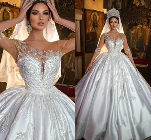 Luxury Sequins Beading Retro Ball Gown Wedding Dresses Illusion Long Sleeves O-neck Princess Bridal Gowns Puffy Elegant Satin Dubai Arabic Vestidos De Novia CL3093