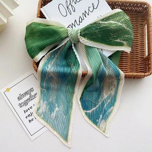 Scarves Spring Summer Blue Green Pleated Long Small Silk Scarf Women's Decorative Shirt Professional Tie Hair Band Thin Streamers