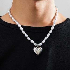 Choker Sarircon Punk Baroque ImitationPearl Chain Clavicle Necklace Gothic CCB Hollow Heart Pendant Men's Castary Jewelry Gift