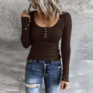 Kvinnor Bluses Womenu Neck Solid Long Sleeve Henley Shirts Button Down Slim Fit Tops Scoop Ribbed Knit Skinny High Street Camisas