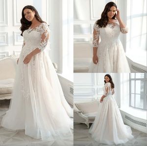 Elegante abito da sposa Plus Size maniche a 3/4 A Line Tulle Applique in pizzo Vestido De Noiva Abiti da sposa Maternità Donna Modest Sheer Scoop Neck Robes Matrimonio