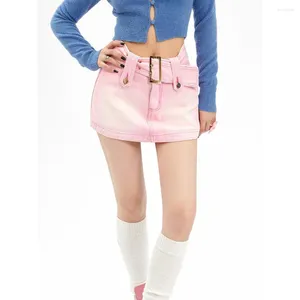 Skirts 2023 Harajuku Y2K Jean Skirt Aesthetics Basic Belted Low Waist Micro Fashion Sexy Pockets Pink Denim Cute Bottoms Clubwear