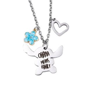 Pendanthalsband Harong Anime Stitch Necklace Ohana betyder Family Cartoon Blue Crystal Heart Jewets Gifts for Boys Girls268d