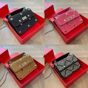 Women Diamonds Rivet Top Handle Roman Shoulder Bag Luxury Brand V Rhinestone Quilted Stud Designer Flap Crossbody Bags Lady Chain Strap Small Clutch Handbag