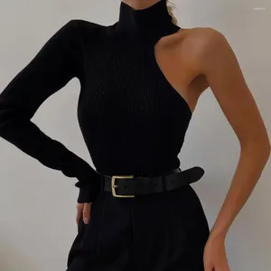 Kvinnors blusar kvinnor sexig bodysuit en axel ihålig stickad turtleneck fast färg elastisk varm mager lady vårhöst